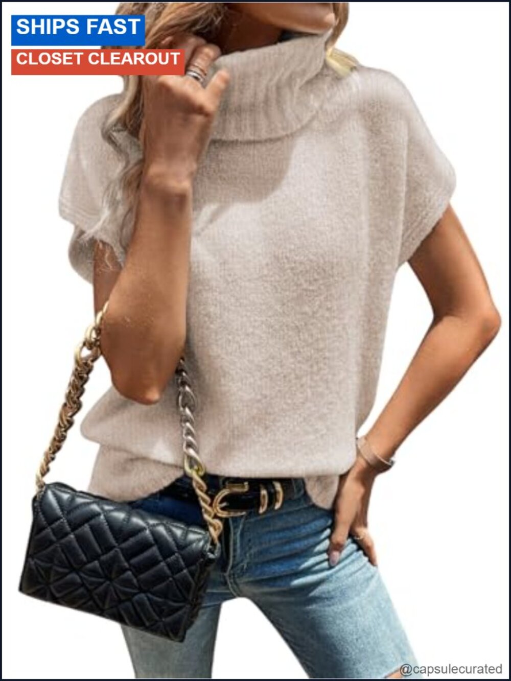 Oversized Turtleneck Cap Sleeve Sweater Vest Knit Pullover Top